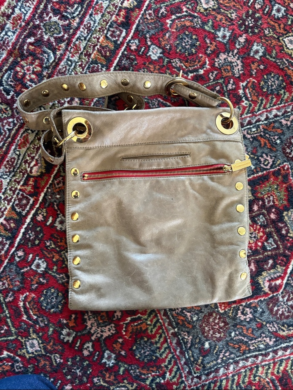 Hammitt Taupe Leather Shoulder Bag with Gold Hardware and Red Zip - Picture 2 of 4